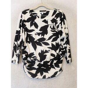 Chico's Blouse Women's 0 S Black White Floral Ruched Hem 3/4 Sleeve Boat Neck